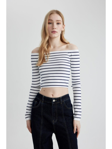 DEFACTO Slim Fit Striped Open Shoulder Sweater