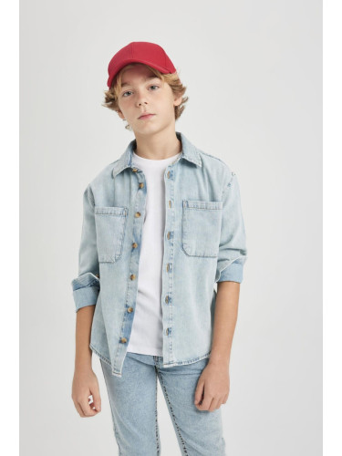 DEFACTO Boy Oversize Fit Wide Mold Polo Collar Jean Long Sleeve Shirt