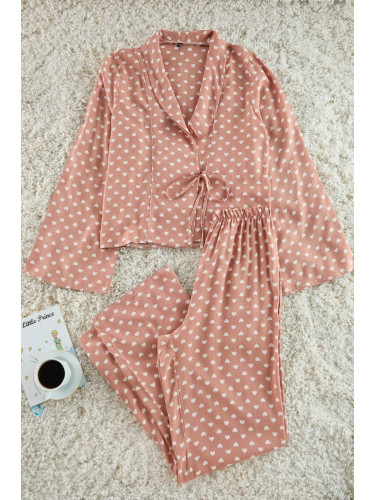 Trendyol Dark Beige Heart Patterned Tie Detailed Viscose Maternity Woven Pajama Set