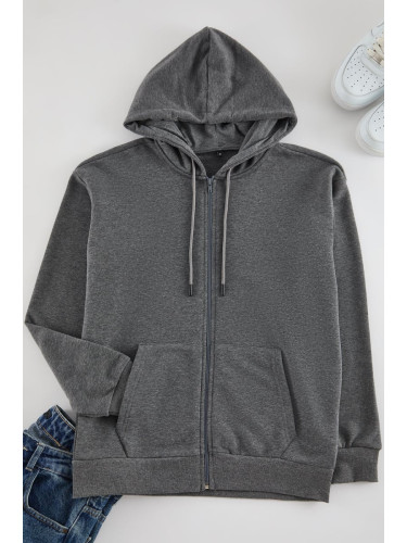 Trendyol Anthracite Oversize/Wide Cut Hooded Zippered Thick Basic Sweatshirt-Cardigan