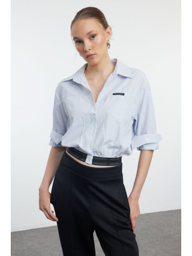 Trendyol Blue Striped Crop Shirt with Elastic Hem and Label Detail