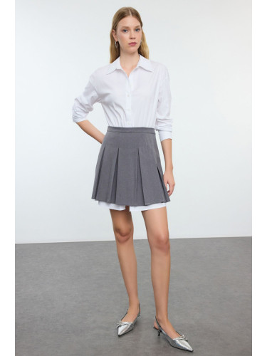 Trendyol Gray Pleated Skirt Detailed Skater/Beldan Opening Mini Woven Shirt Dress