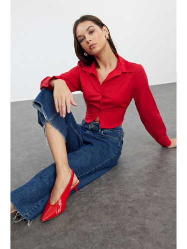 Trendyol Red Crop Cotton Woven Back Detailed Shirt