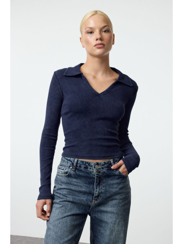 Trendyol Navy Blue Aged/Faded Effect Body-Smoothing Polo Collar Ribbed Flexible Knitted Blouse