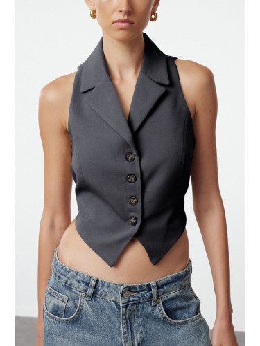 Trendyol Anthracite Fitted Button Detailed Crop Woven Vest