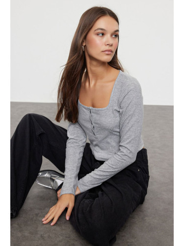 Trendyol Gray Melange Button Detailed Square Neck Fitted/Fitting Corded Crop Knitted Mid Blouse