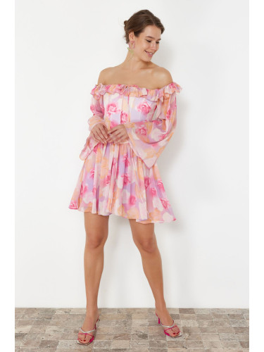 Trendyol Multicolored A-Line Lined Flounce Woven Chiffon Short Elegant Evening Dress