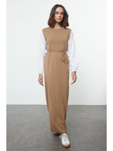 Trendyol Beige Sleeves Woven Piece Detailed Waist Tied Knitwear Dress