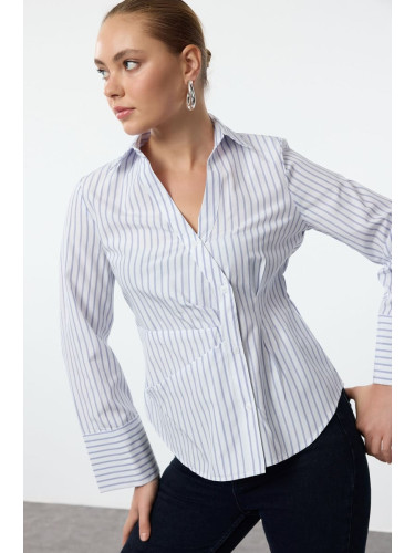 Trendyol Blue Side Button Detailed Striped Regular Regular Fit Shirt