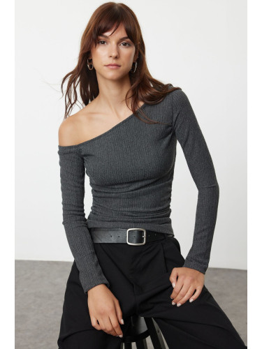 Trendyol Anthracite Textured Asymmetric Gathered Boat Neck Fitted Knitted Blouse