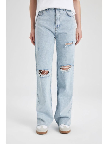 DEFACTO 90's Wide Leg Ripped Detailed High Waist Leg Tip Cut Down Long Jean Washer Pants