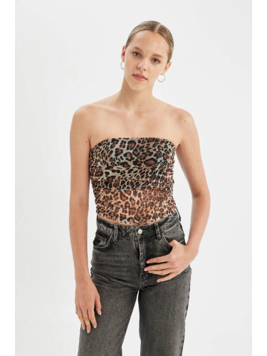 DEFACTO Leopard Patterned Strapless Tulle Blouse