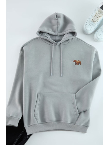 Trendyol Grey Oversize/Wide Cut Hooded Animal Embroidered Fleece Inside Sweatshirt