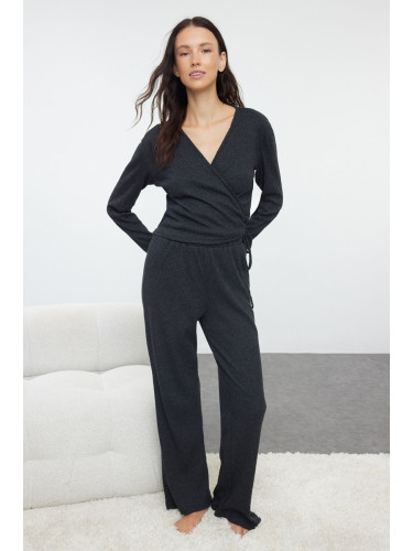 Trendyol Anthracite Melange Tie Detailed Ribbed Knitted Pajama Set