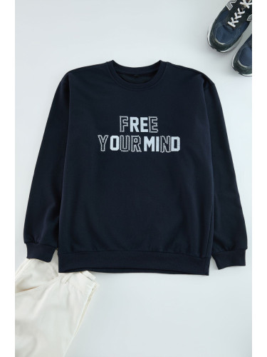 Trendyol Navy Blue Oversize/Wide Cut Crew Neck Puffy Text Printed Sweatshirt