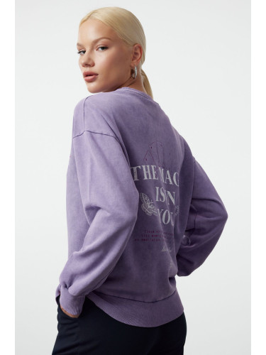 Trendyol Lilac Front and Back Printed Washed Oversize/Wide Fit Knitted Sweatshirt