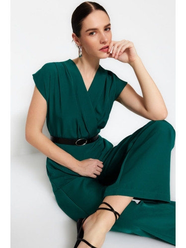 Trendyol Emerald Green Belted Double Breasted Collar Wide Leg Woven Jumpsuit