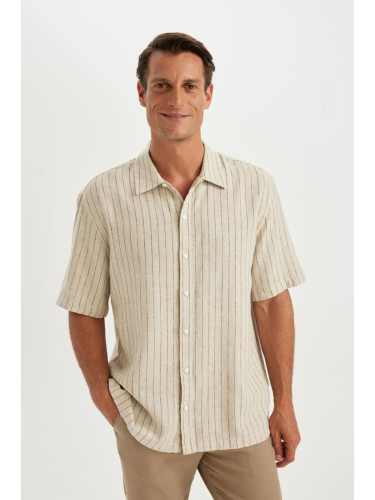 DEFACTO Relax Fit Polo Collar Striped Linen Short Sleeve Short Sleeve Shirt