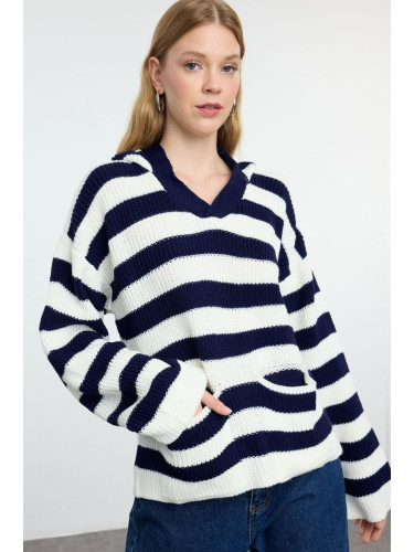 Trendyol Navy Blue Striped Hooded Knitwear Sweater