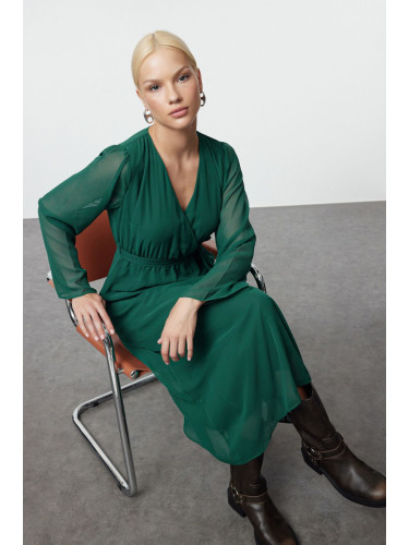 Trendyol Emerald Green Belted A-Line Double-Breasted Collar Lined Chiffon Maxi Woven Dress
