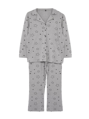 Trendyol Curve Gray Melange Star Patterned Shirt Collar Knitted Pajama Set