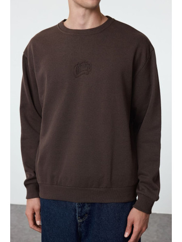 Trendyol Dark Brown Oversize/Wide Cut Embossed Text Printed Sweatshirt