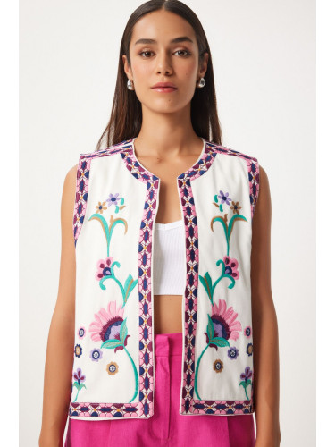 Happiness İstanbul Women's Pink White Embroidery Detailed Linen Vest