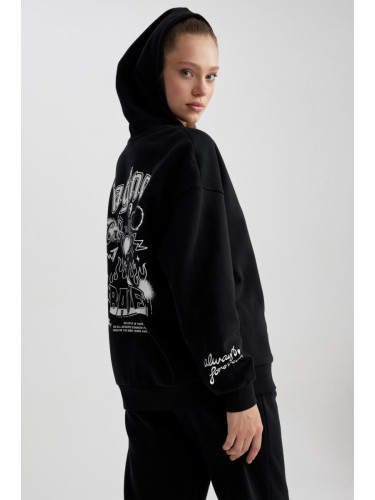 DEFACTO Cool Oversize Fit Hooded Printed Thick Fabric Sweatshirt