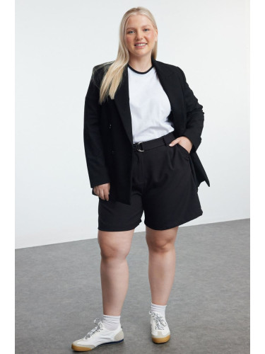 Trendyol Curve Black Belted Zippered Plus Size Woven Shorts