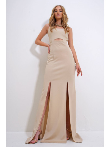 Trend Alaçatı Stili Women's Beige Adjustable Strap Out Cut Slit Graduation Dress