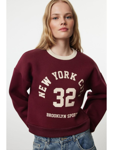 Trendyol Claret Red Color Blocked Slogan Oversize Crop Thick Inside Fleece Knitted Sweatshirt