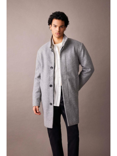 DEFACTO Grey Regular Fit Stand Collar Buttoned Pocket Cashmere Coat Parka