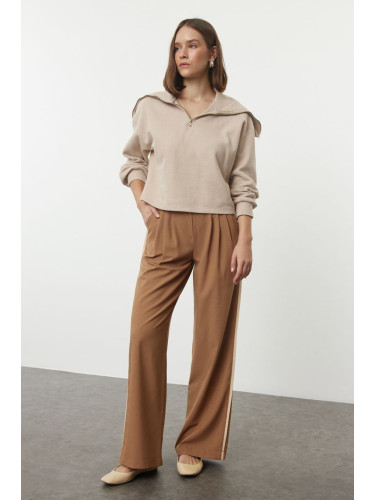 Trendyol Brown Linen Look Wide Leg Woven Trousers with Side Stripe Detail