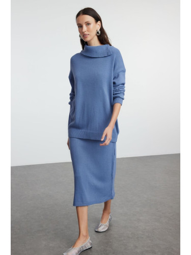 Trendyol Indigo Wide Pattern Turtleneck Knitwear Bottom-Top Set