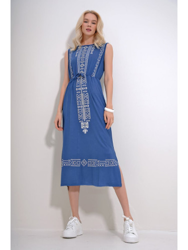 Trend Alaçatı Stili Women's Indigo Embroidery Printed Bohemian Dress