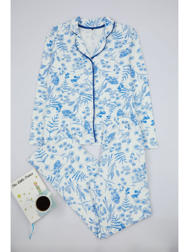 Trendyol Blue 100% Cotton Floral Piping Detailed Knitted Pajamas Set