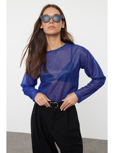 Trendyol Saks Lurex Crew Neck Regular/Normal Fit Transparent Tulle Knitted Blouse