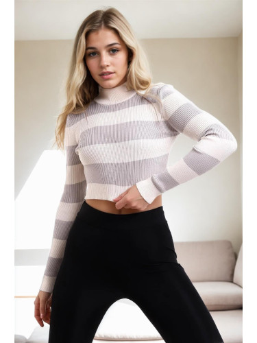 28277 Dewberry Striped Crop Knitwear Sweater-BEIGE