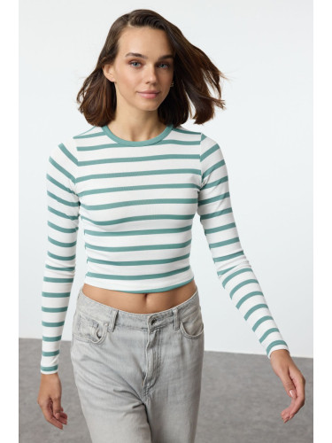 Trendyol Mint Striped Premium Viscose Soft Fabric Fitted Crop Stretchy Knitted Blouse