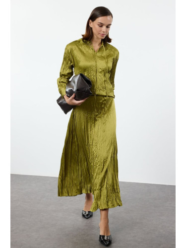 Trendyol Oil Green Satin Pleated Woven Bottom-Top Set