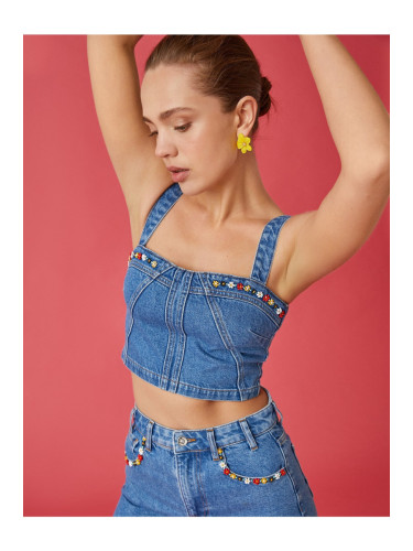 Koton Sleeveless Beaded Embroidered Denim Crop Top