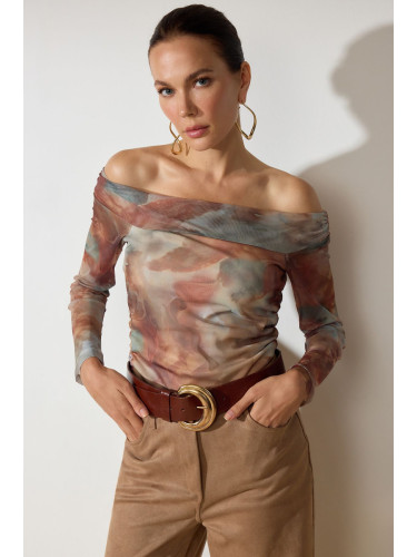 Trendyol Multicolored Tulle Bateau Neck Fitted Stretchy Knitted Blouse