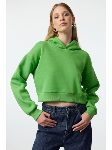 Trendyol Green Thick Fleece Hooded Relaxed Cut Crop Knitted Sweatshirt