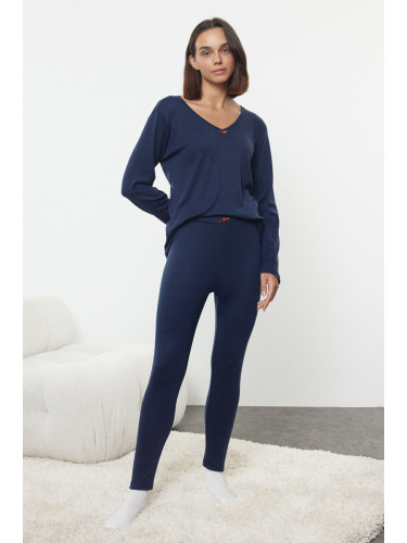 Trendyol Navy Blue Rose Accessory Ribbed Knitted Pajama Set