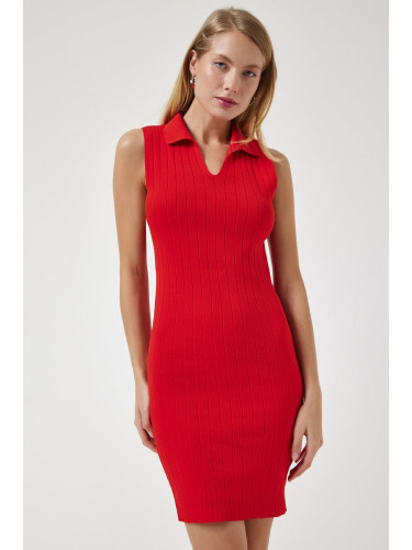 Happiness İstanbul Women's Red Polo Neck Ribbed Knitwear Dress