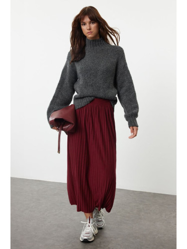 Trendyol Burgundy High Waist Pleated Stretchy Maxi Knitted Skirt