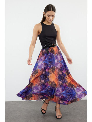 Trendyol Multicolored Pleated Printed Elastic Knitted Skirt