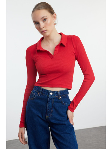 Trendyol Red Fitted Polo Neck Ribbed Stretchy Knitted Blouse