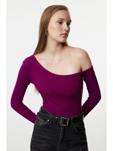 Trendyol Purple Fitted Off Shoulder Corded Cotton Stretch Knitted Blouse