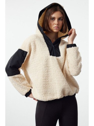 Trendyol Stone Color Block Zipper Detailed Plush Knitted Sports Sweatshirt